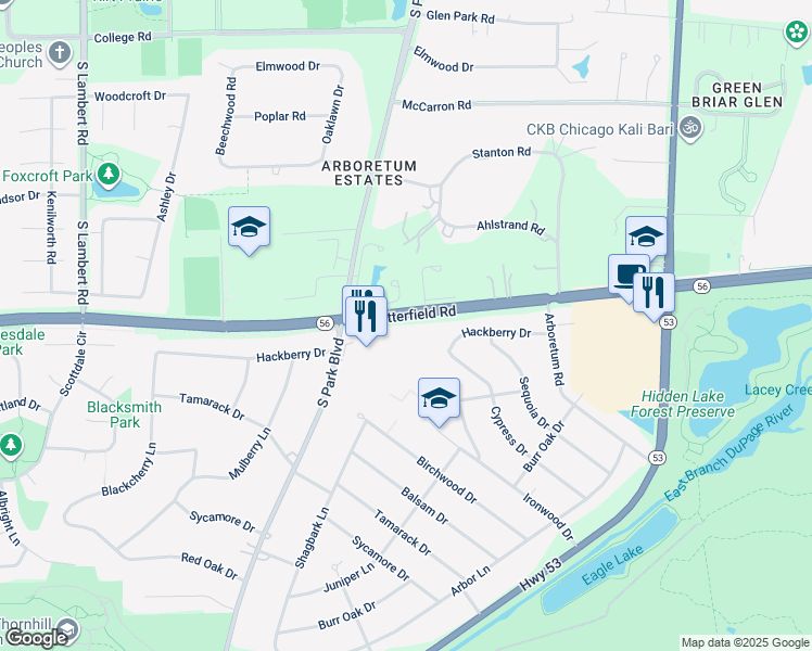 map of restaurants, bars, coffee shops, grocery stores, and more near 2S758 Lakeside Drive in Glen Ellyn