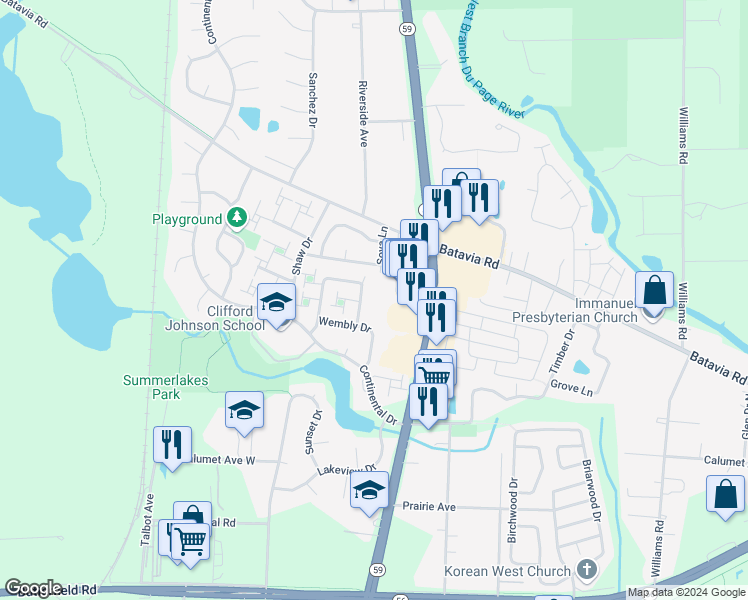 map of restaurants, bars, coffee shops, grocery stores, and more near 2S601 Sova Lane in Warrenville