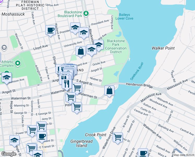 map of restaurants, bars, coffee shops, grocery stores, and more near 14 Rhode Island Avenue in Providence