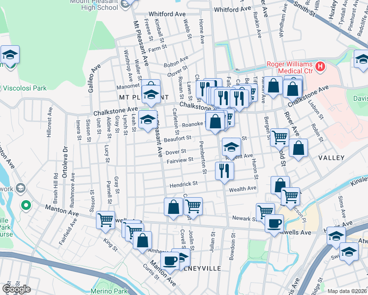map of restaurants, bars, coffee shops, grocery stores, and more near 54 Beaufort Street in Providence