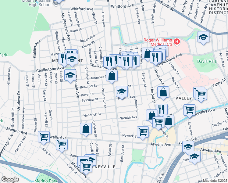 map of restaurants, bars, coffee shops, grocery stores, and more near 2 Dover Street in Providence