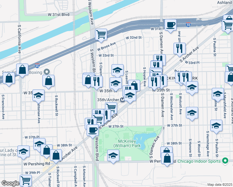 map of restaurants, bars, coffee shops, grocery stores, and more near 3459 South Bell Avenue in Chicago