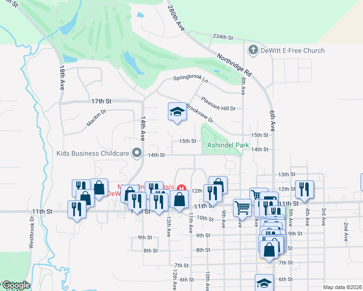map of restaurants, bars, coffee shops, grocery stores, and more near 1048-1198 15th Street in De Witt