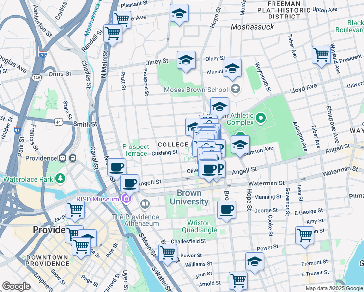 map of restaurants, bars, coffee shops, grocery stores, and more near 117 Brown Street in Providence
