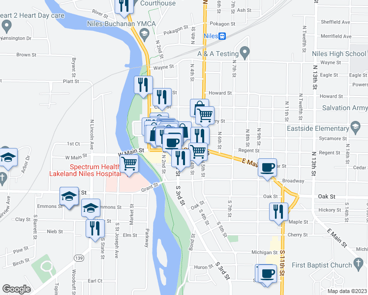 map of restaurants, bars, coffee shops, grocery stores, and more near 313 1/2 East Main Street in Niles