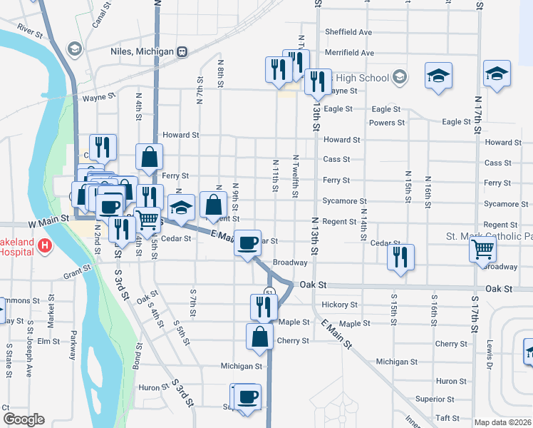map of restaurants, bars, coffee shops, grocery stores, and more near 1022 Sycamore Street in Niles