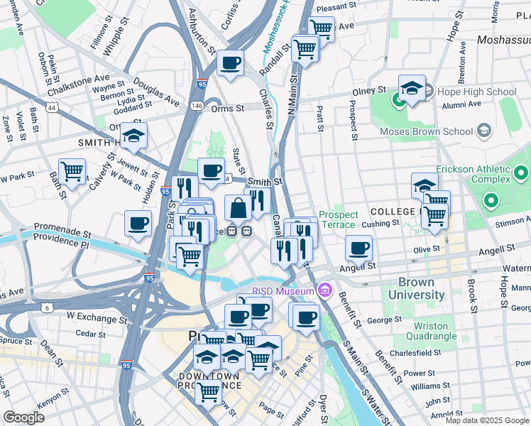 map of restaurants, bars, coffee shops, grocery stores, and more near 10 Park Row West in Providence