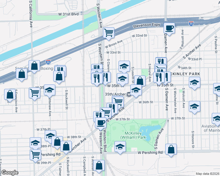 map of restaurants, bars, coffee shops, grocery stores, and more near 3453 South Western Avenue in Chicago