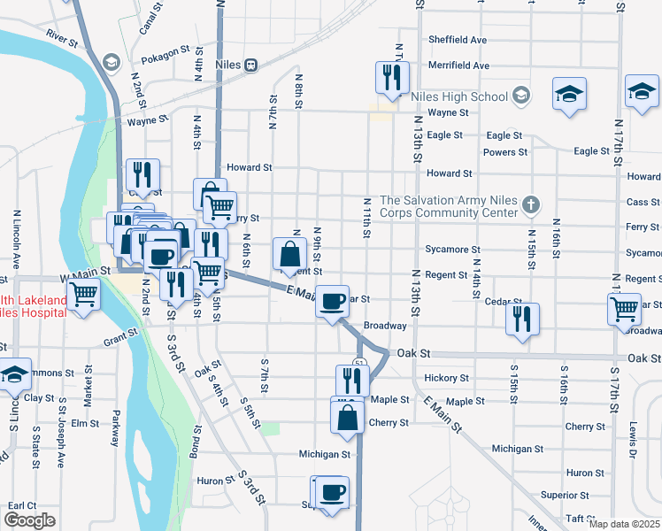 map of restaurants, bars, coffee shops, grocery stores, and more near 910 Sycamore Street in Niles