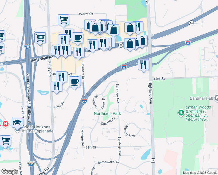 map of restaurants, bars, coffee shops, grocery stores, and more near 3140 Venard Road in Downers Grove