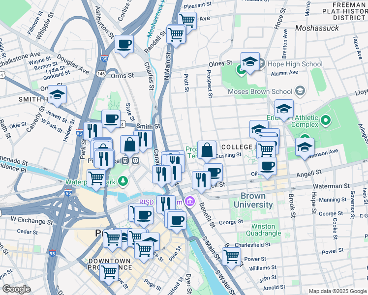 map of restaurants, bars, coffee shops, grocery stores, and more near 106 Benefit Street in Providence