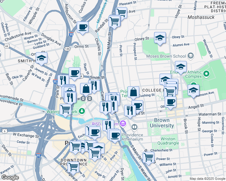 map of restaurants, bars, coffee shops, grocery stores, and more near 106 Benefit Street in Providence