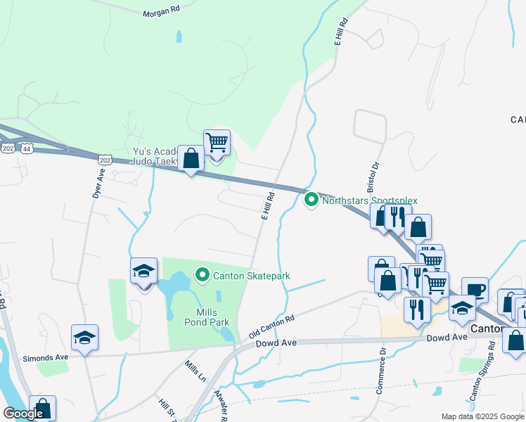 map of restaurants, bars, coffee shops, grocery stores, and more near 51 East Hill Road in Canton