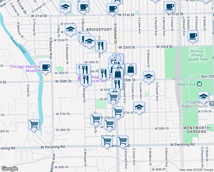 map of restaurants, bars, coffee shops, grocery stores, and more near 901-903 West 35th Place in Chicago