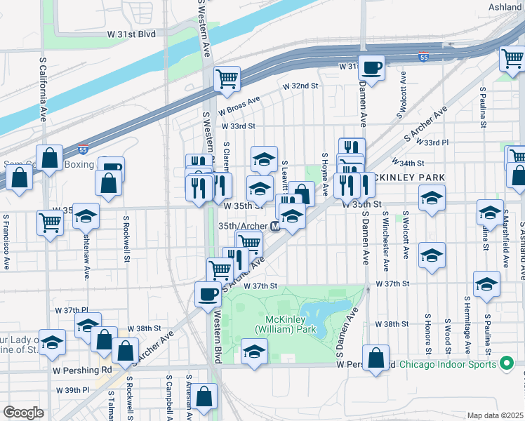 map of restaurants, bars, coffee shops, grocery stores, and more near 3459 South Bell Avenue in Chicago