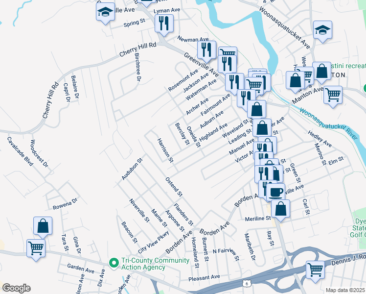 map of restaurants, bars, coffee shops, grocery stores, and more near 5 Berclay Street in Johnston