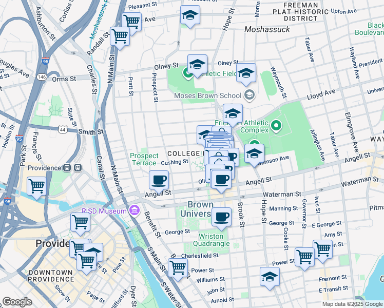 map of restaurants, bars, coffee shops, grocery stores, and more near 117 Brown Street in Providence
