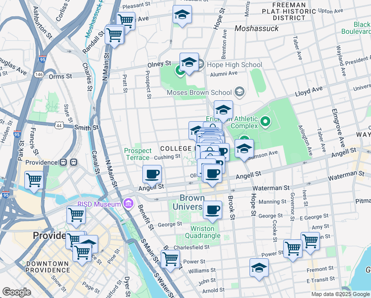 map of restaurants, bars, coffee shops, grocery stores, and more near 117 Brown Street in Providence
