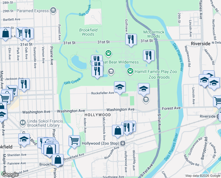 map of restaurants, bars, coffee shops, grocery stores, and more near 8518 Rockefeller Avenue in Brookfield