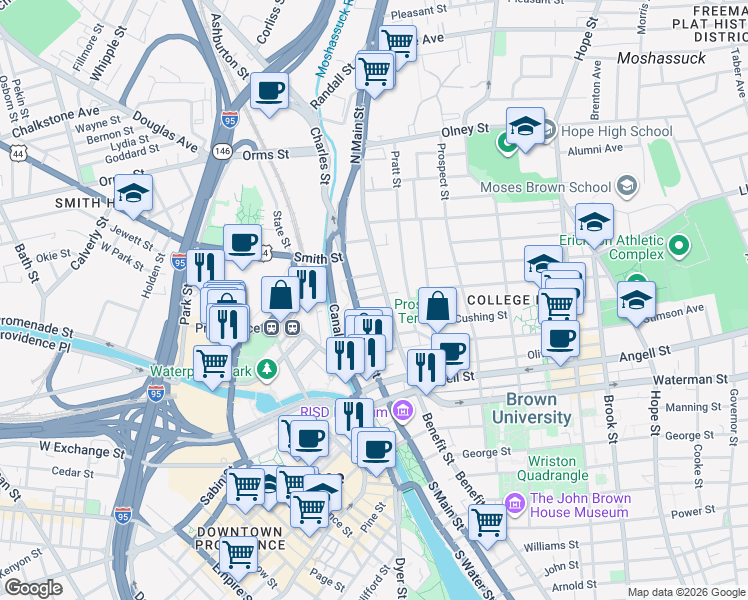 map of restaurants, bars, coffee shops, grocery stores, and more near 39 Bowen Street in Providence