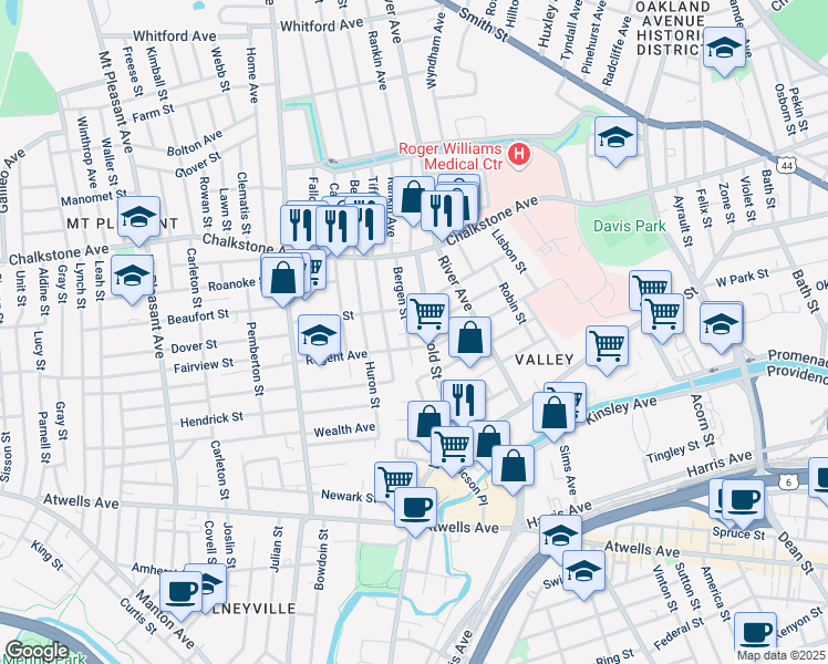 map of restaurants, bars, coffee shops, grocery stores, and more near 130 Harold Street in Providence