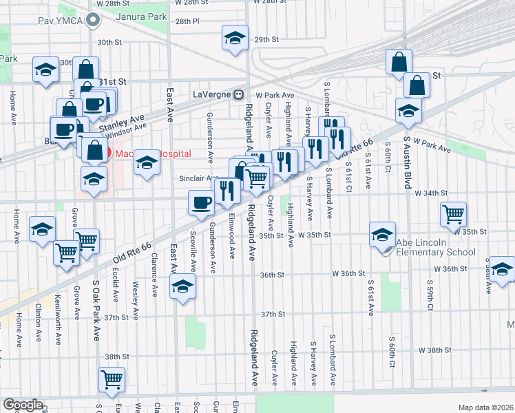 map of restaurants, bars, coffee shops, grocery stores, and more near in Berwyn