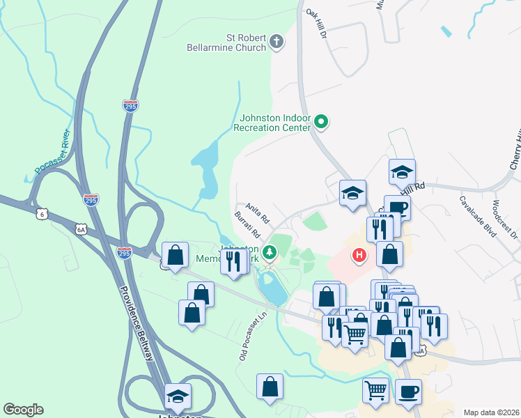 map of restaurants, bars, coffee shops, grocery stores, and more near 17 Anita Road in Johnston