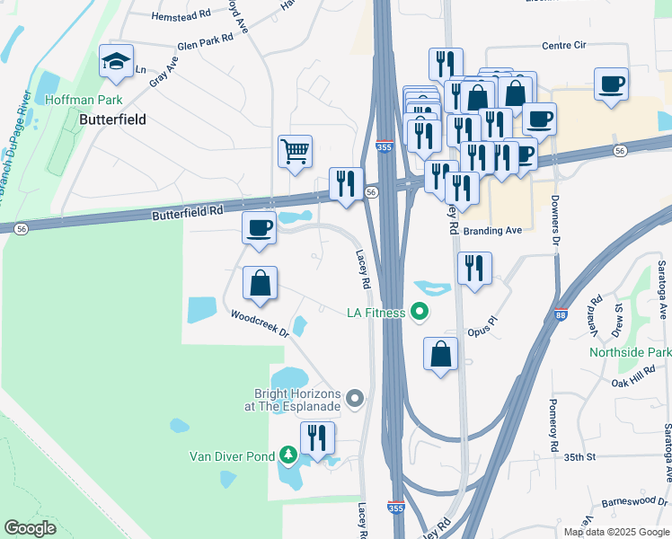 map of restaurants, bars, coffee shops, grocery stores, and more near 1901 Butterfield Road in Downers Grove