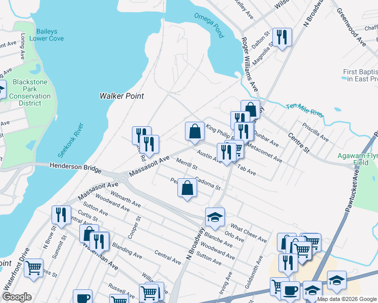 map of restaurants, bars, coffee shops, grocery stores, and more near 9 Tallman Avenue in East Providence