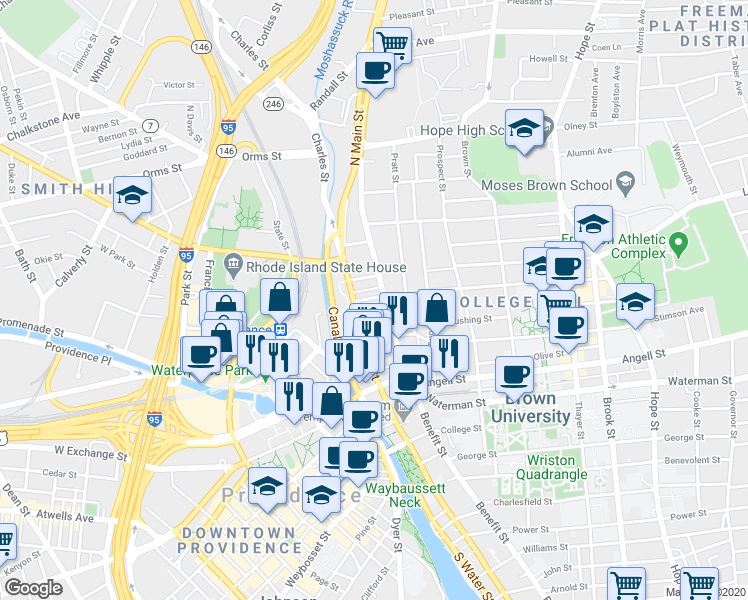 map of restaurants, bars, coffee shops, grocery stores, and more near 106 Benefit Street in Providence