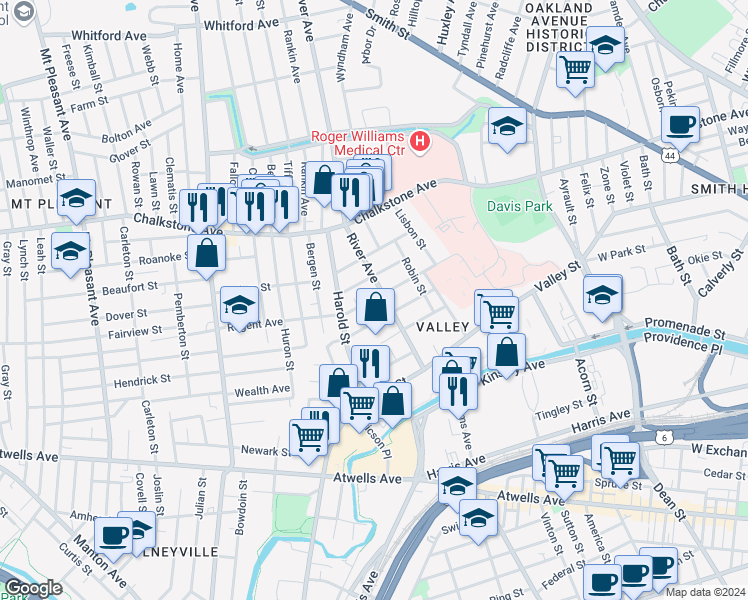 map of restaurants, bars, coffee shops, grocery stores, and more near 102 River Avenue in Providence
