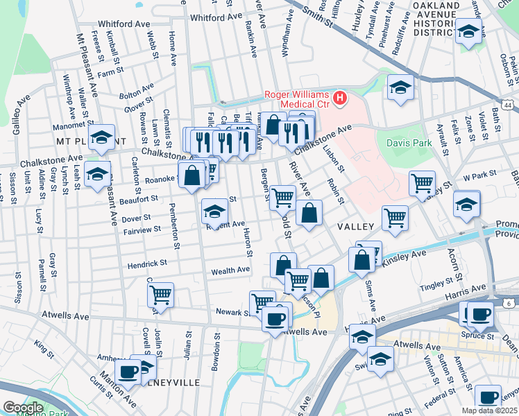 map of restaurants, bars, coffee shops, grocery stores, and more near 14 Andem Street in Providence