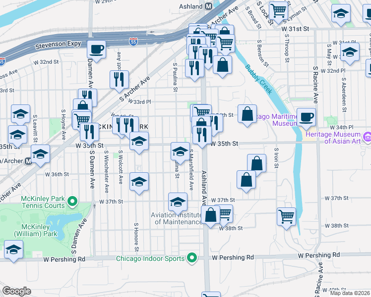 map of restaurants, bars, coffee shops, grocery stores, and more near 1654 West 35th Street in Chicago