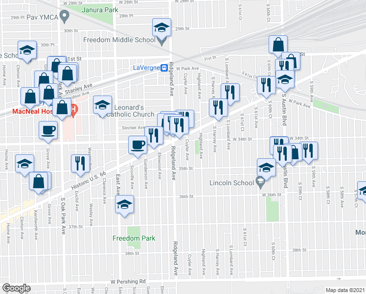 map of restaurants, bars, coffee shops, grocery stores, and more near 3401 Cuyler Avenue in Berwyn