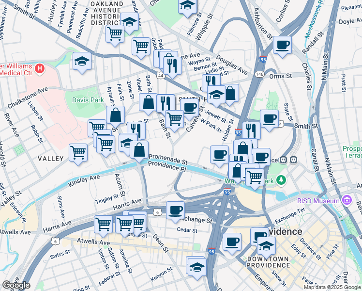 map of restaurants, bars, coffee shops, grocery stores, and more near 299 Promenade Street in Providence