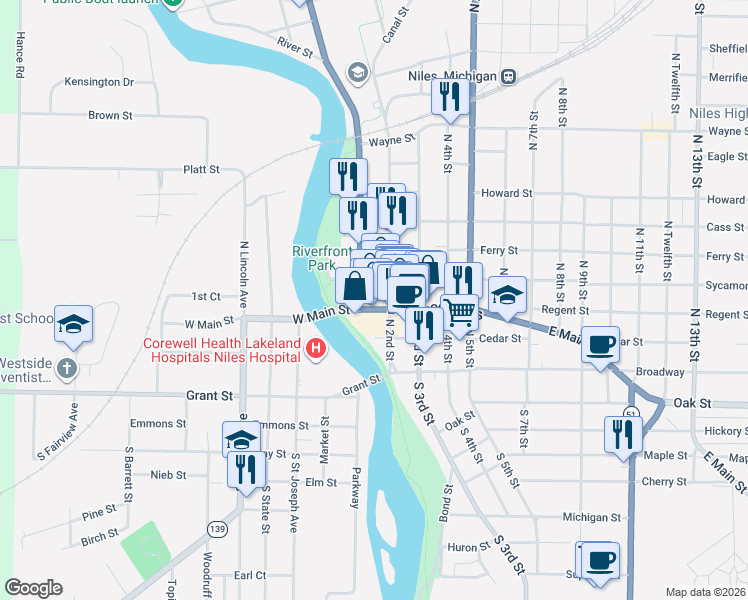map of restaurants, bars, coffee shops, grocery stores, and more near 111 East Main Street in Niles