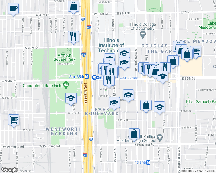 map of restaurants, bars, coffee shops, grocery stores, and more near 3508 South State Street in Chicago