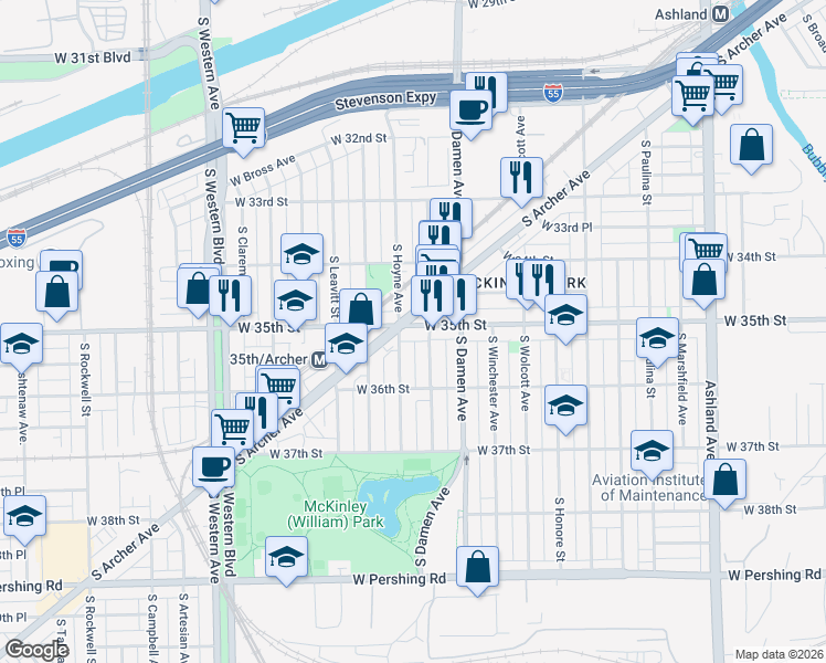 map of restaurants, bars, coffee shops, grocery stores, and more near 2030 West 35th Street in Chicago