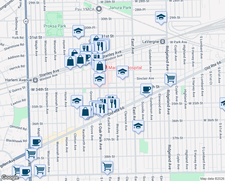 map of restaurants, bars, coffee shops, grocery stores, and more near 6700 34th Street in Berwyn