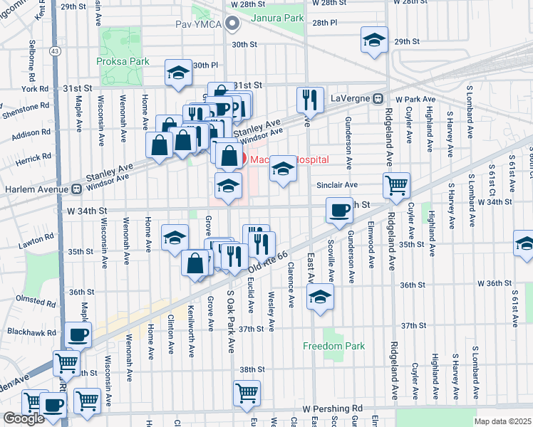 map of restaurants, bars, coffee shops, grocery stores, and more near 6700 34th Street in Berwyn