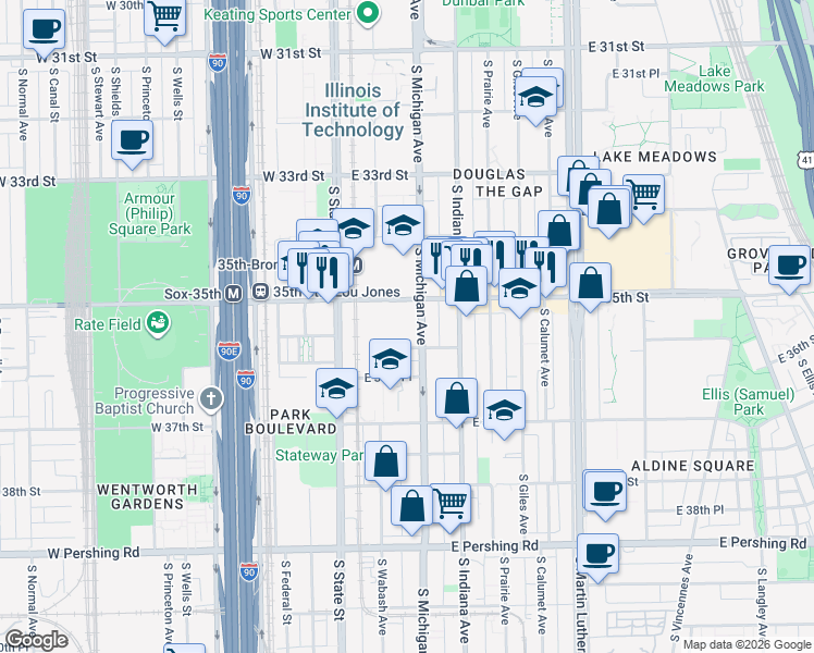 map of restaurants, bars, coffee shops, grocery stores, and more near 3510 South Michigan Avenue in Chicago