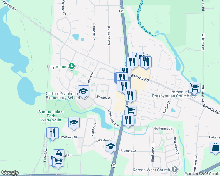 map of restaurants, bars, coffee shops, grocery stores, and more near 2S627 Hampton Drive in Warrenville