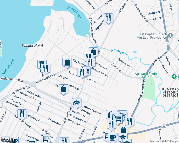 map of restaurants, bars, coffee shops, grocery stores, and more near 410 North Broadway in East Providence