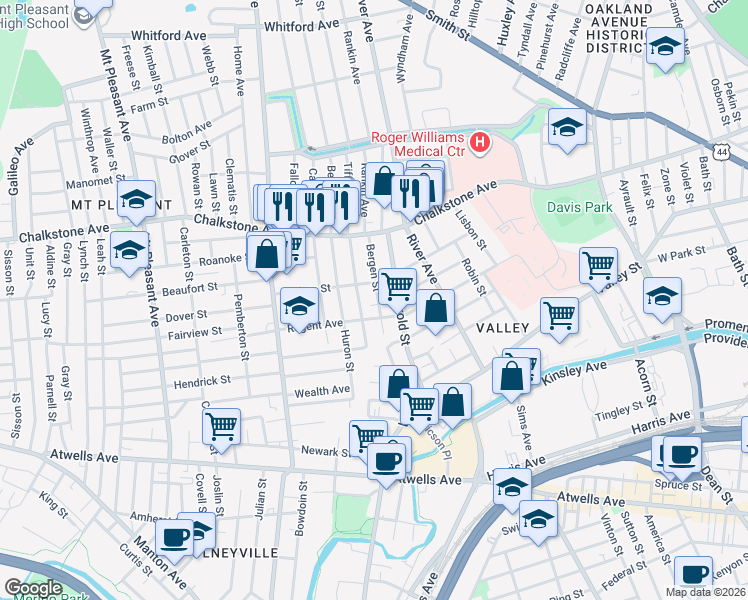 map of restaurants, bars, coffee shops, grocery stores, and more near 63 Bergen Street in Providence