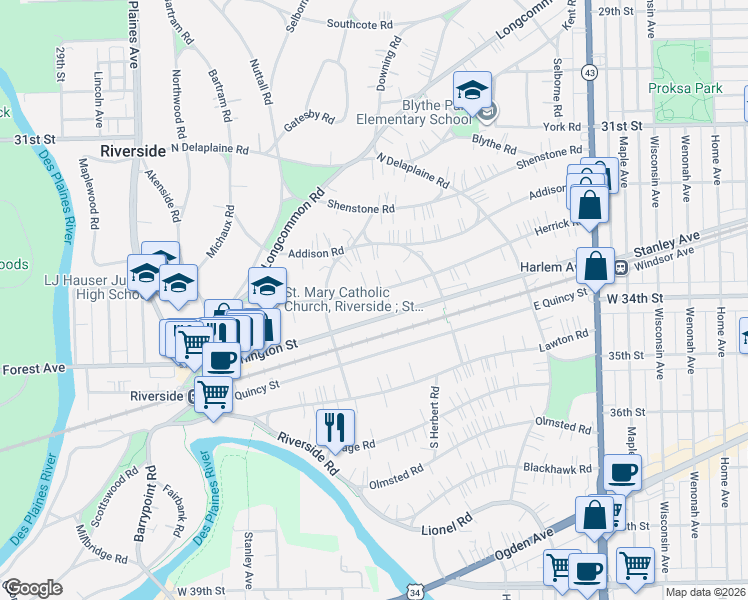 map of restaurants, bars, coffee shops, grocery stores, and more near 205 Herrick Road in Riverside