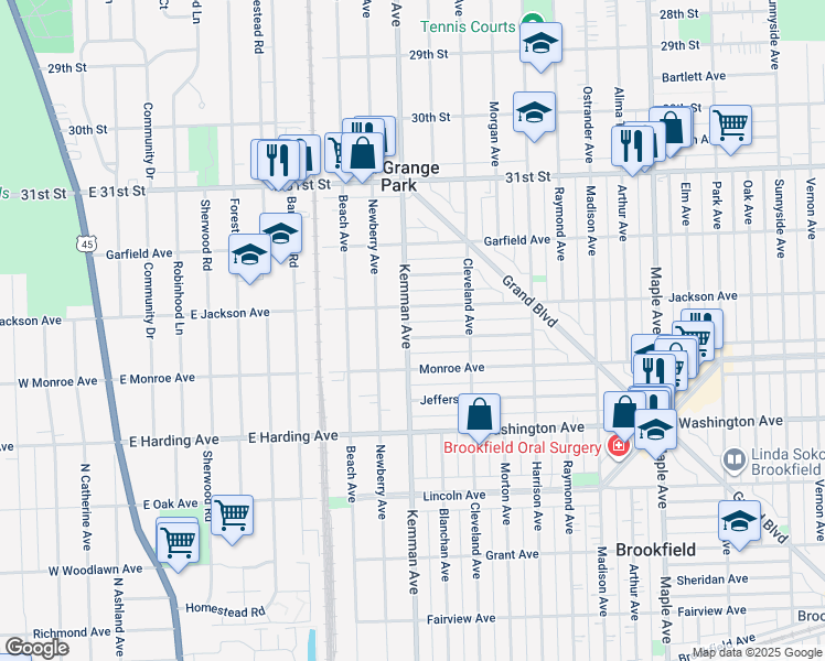 map of restaurants, bars, coffee shops, grocery stores, and more near 3305 Kemman Avenue in Brookfield