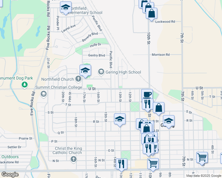 map of restaurants, bars, coffee shops, grocery stores, and more near 1500 U Street in Gering