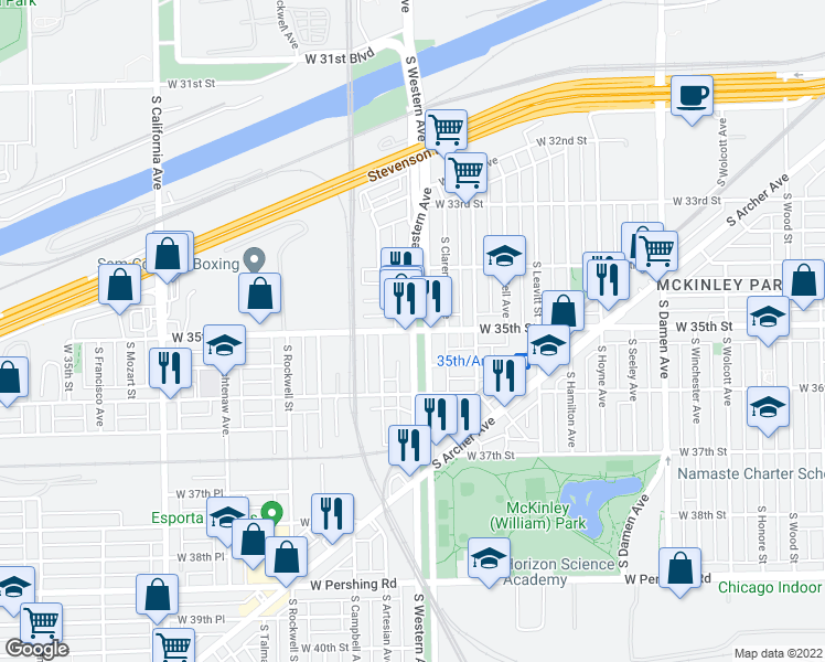map of restaurants, bars, coffee shops, grocery stores, and more near South Western Avenue & West 35th Street in Chicago
