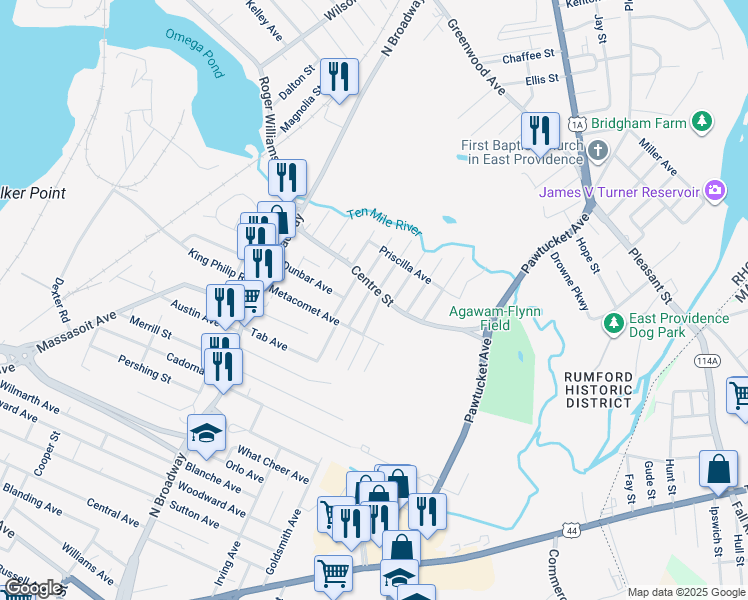 map of restaurants, bars, coffee shops, grocery stores, and more near 128 Centre Street in East Providence