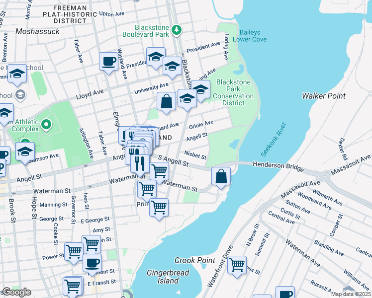 map of restaurants, bars, coffee shops, grocery stores, and more near 14 Rhode Island Avenue in Providence
